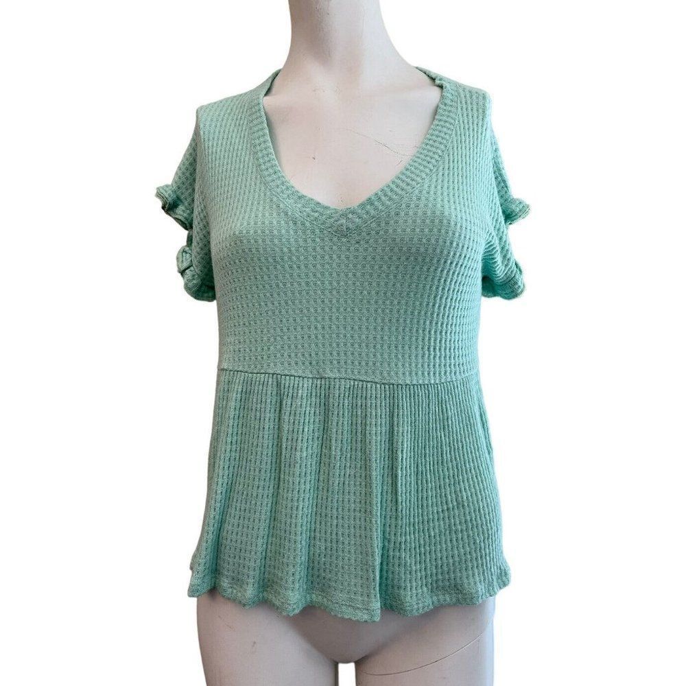 ALYA Ladies Size XS Mint Green Blouse Short Sleeve Top V-Neck Waffle Weave NWT
